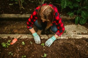 Pessoa pratica agricultura familiar em horta caseira, usando luvas verdes floridas e ferramentas simples. Veste camisa xadrez vermelha e preta, calça jeans, e planta mudas em solo fértil, cercado por vegetação.