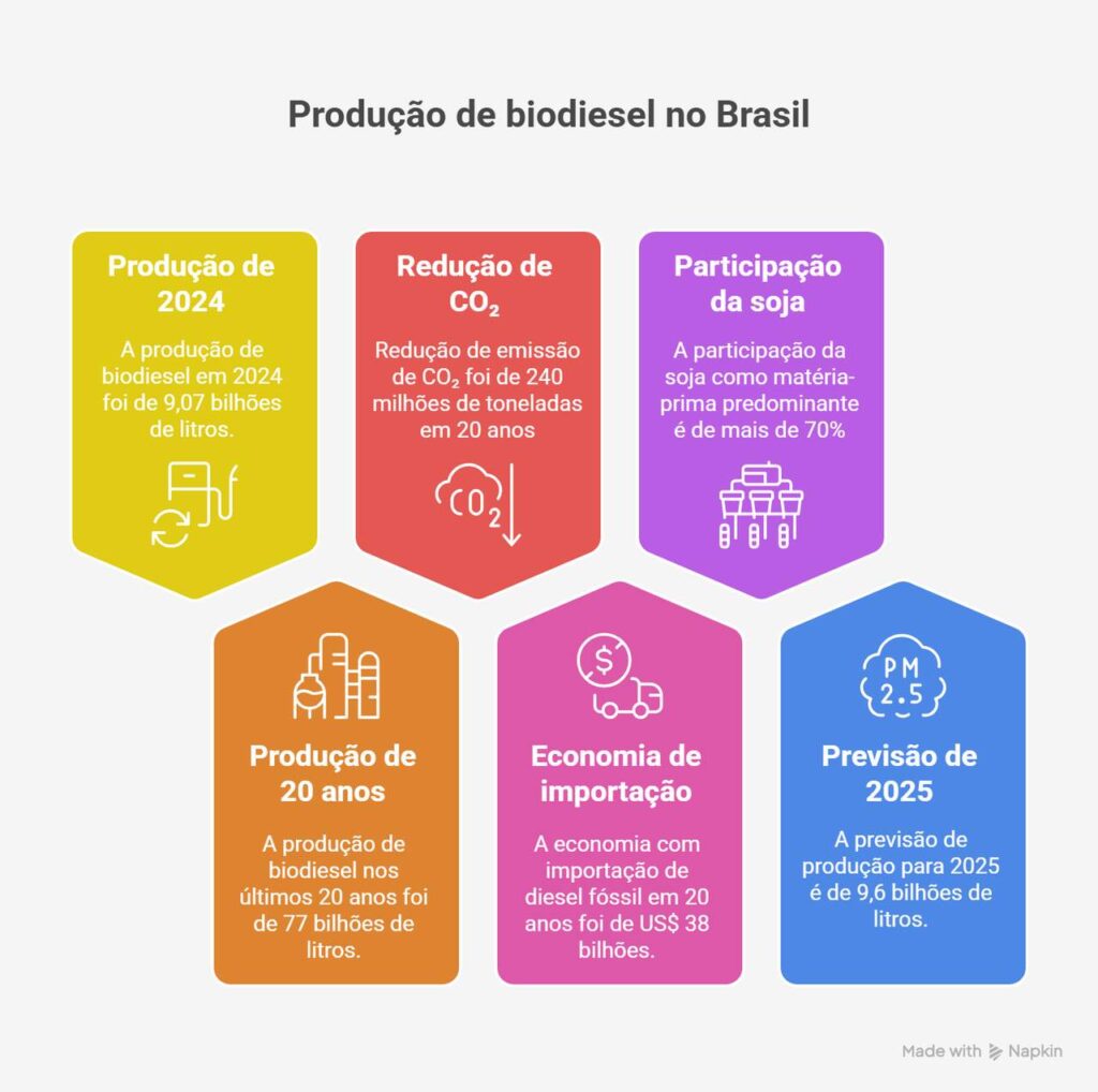 Infográfico mostra dados da produção de biodiesel no Brasil em 2024 e 2025, redução de CO₂ e uso predominante da soja.