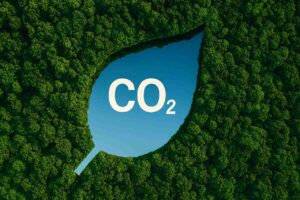 Imagem conceitual de tecnologia inteligente e sustentabilidade: carro elétrico em floresta, ícones de energia solar, eólica, IoT e dados. Representa mobilidade verde, conectividade global e descarbonização por meio de inovação.