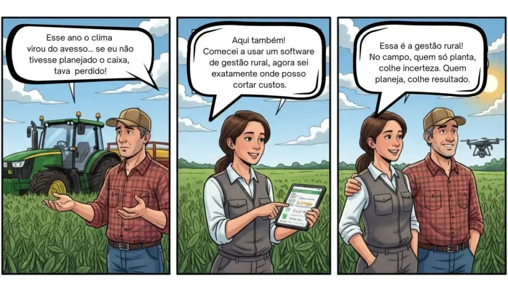 Cena em campo agrícola mostra dois produtores discutindo os desafios climáticos e soluções tecnológicas. Eles destacam a importância da gestão rural, como o planejamento financeiro e o uso de software, para transformar incertezas em resultados concretos e sustentáveis na agricultura.