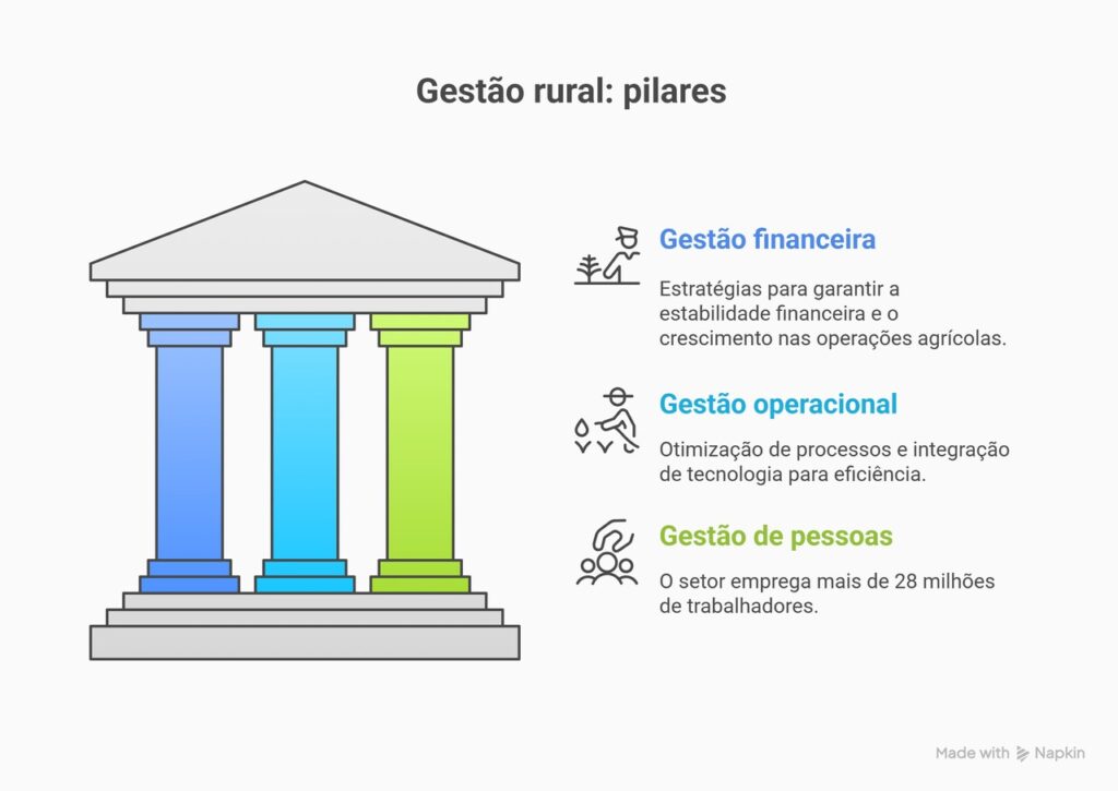 Infográfico apresenta os três pilares da gestão rural: financeira, operacional e de pessoas. Cada coluna simboliza estratégias essenciais para estabilidade econômica, eficiência produtiva e valorização da mão de obra, destacando a importância da gestão integrada no setor agrícola.