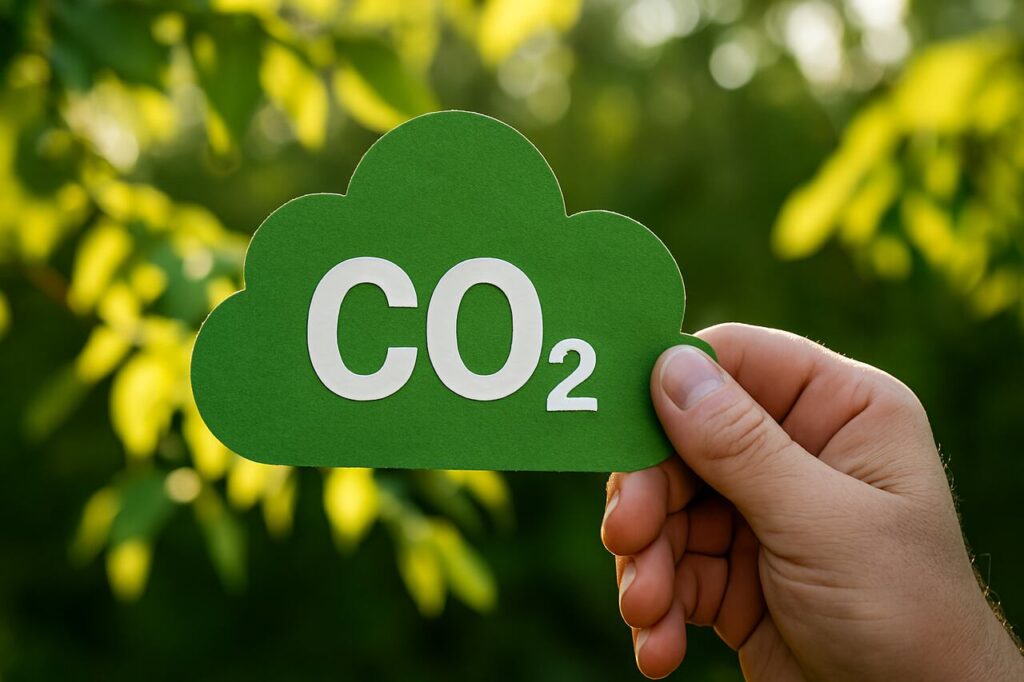 Mão humana segura recorte verde em forma de nuvem com “CO₂”, destacando a importância da descarbonização. Folhagem iluminada ao fundo reforça o compromisso com práticas sustentáveis e a urgência de reduzir emissões para preservar o equilíbrio ecológico e o meio ambiente.