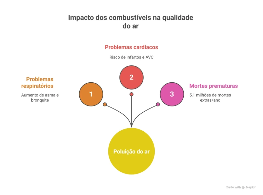 Infográfico sobre o impacto dos combustíveis na qualidade do ar, mostrando como a poluição causa problemas respiratórios, cardíacos e mortes prematuras. Destaca aumento de asma, risco de infarto e 5,1 milhões de mortes extras por ano devido à poluição.