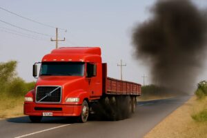 Caminhão vermelho em estrada rural emite densa fumaça preta pelo escapamento, evidenciando o impacto dos combustíveis na qualidade do ar. A poluição gerada por veículos pesados afeta o ambiente, contribuindo para problemas respiratórios e degradação atmosférica em áreas urbanas e rurais