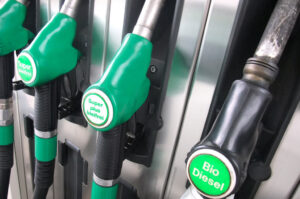 Bombas de combustível com bicos verdes identificados como gasolina sem chumbo e biodiesel em um posto.