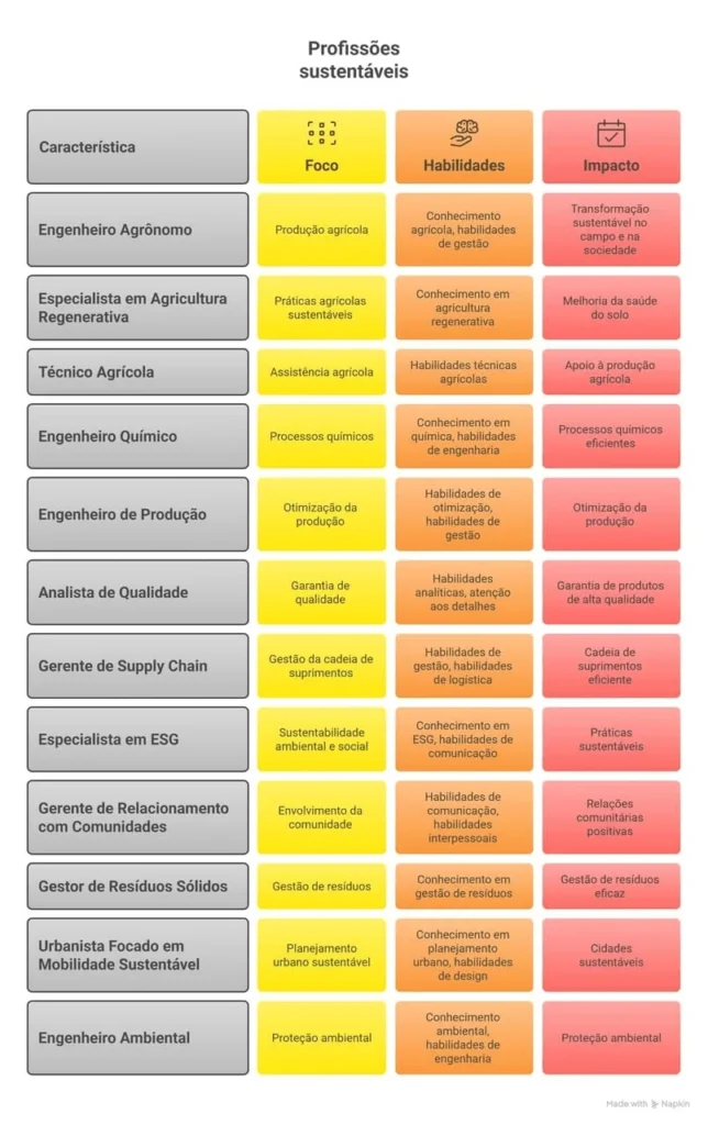 Tabela ilustrativa de profissões sustentáveis, destacando áreas como agricultura, engenharia e gestão ambiental. Cada profissão é descrita por seu foco, habilidades exigidas e impacto positivo, promovendo práticas responsáveis, eficiência produtiva e conservação ambiental para um futuro mais equilibrado.