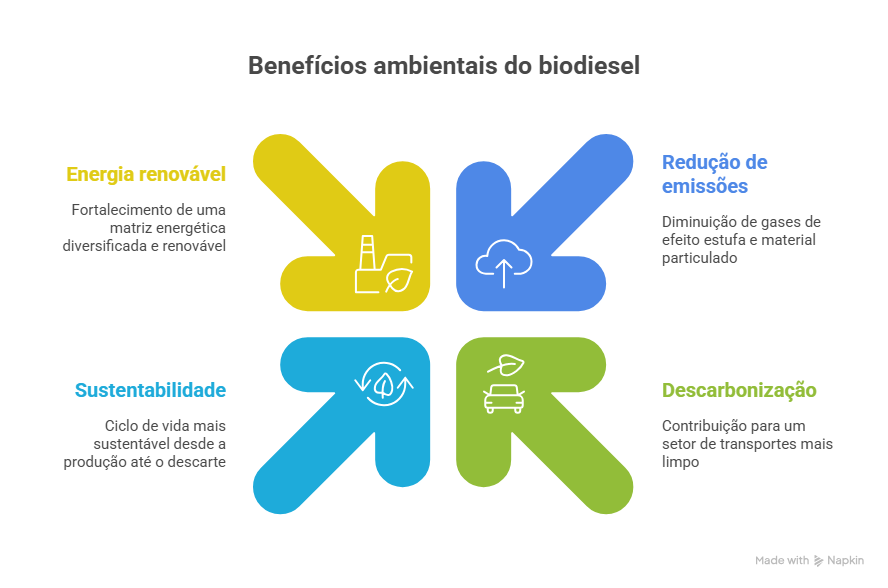 Infogr&aacute;fico destaca os benef&iacute;cios ambientais do biodiesel, como energia renov&aacute;vel e redu&ccedil;&atilde;o de emiss&otilde;es, ajudando a entender qual a diferen&ccedil;a entre diesel e biodiesel na sustentabilidade e descarboniza&ccedil;&atilde;o do transporte.