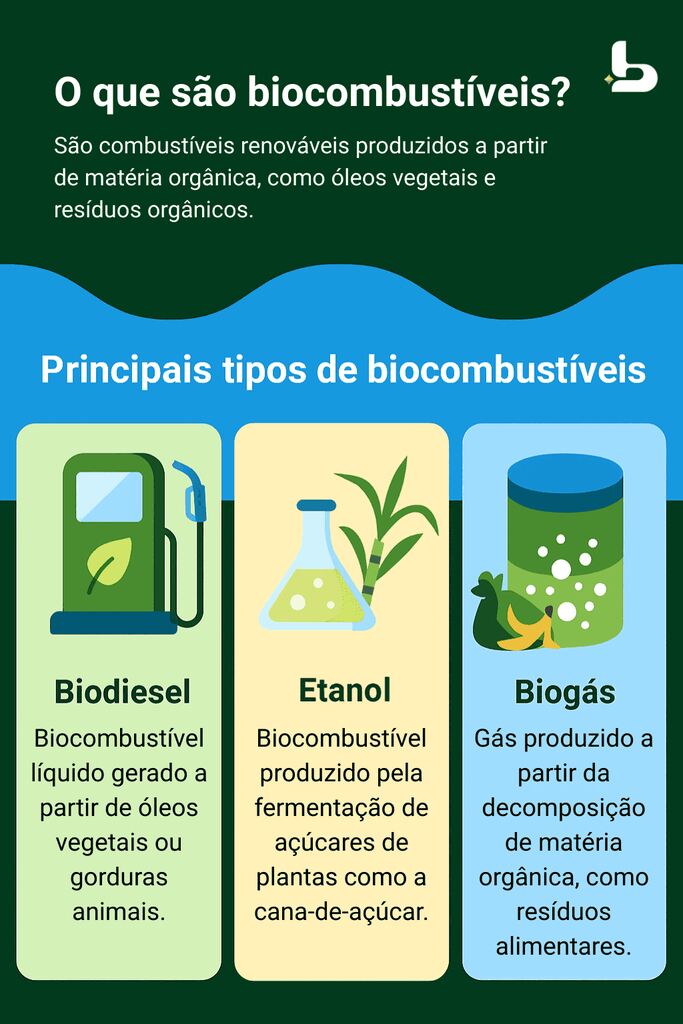Infográfico ilustrando o conceito de biocombustíveis, com a definição de biocombustíveis, e os três principais tipos: biodiesel, etanol e biogás. O infográfico usa ícones representando cada tipo de biocombustível, destacando suas características principais de forma visual e educativa.