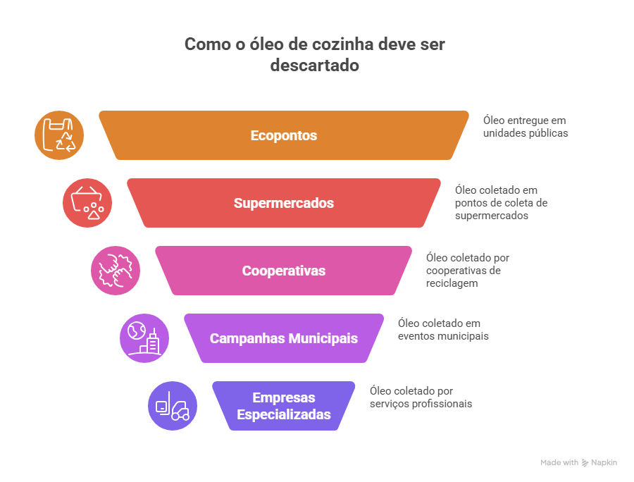 Infográfico colorido apresenta cinco formas sustentáveis de descarte: ecopontos, supermercados, cooperativas, campanhas municipais e empresas especializadas. Ensina como o óleo de cozinha deve ser descartado corretamente para proteger o meio ambiente.