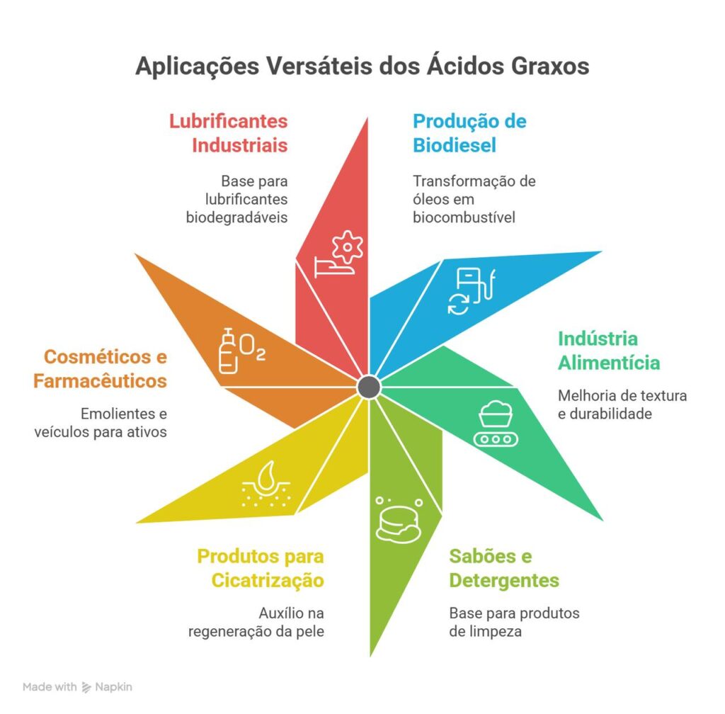 Infogr&aacute;fico colorido destaca aplica&ccedil;&otilde;es vers&aacute;teis dos &aacute;cidos graxos: lubrificantes industriais, biodiesel, alimentos, sab&otilde;es, cicatriza&ccedil;&atilde;o e cosm&eacute;ticos, evidenciando sua import&acirc;ncia em produtos sustent&aacute;veis e solu&ccedil;&otilde;es para diversas ind&uacute;strias.