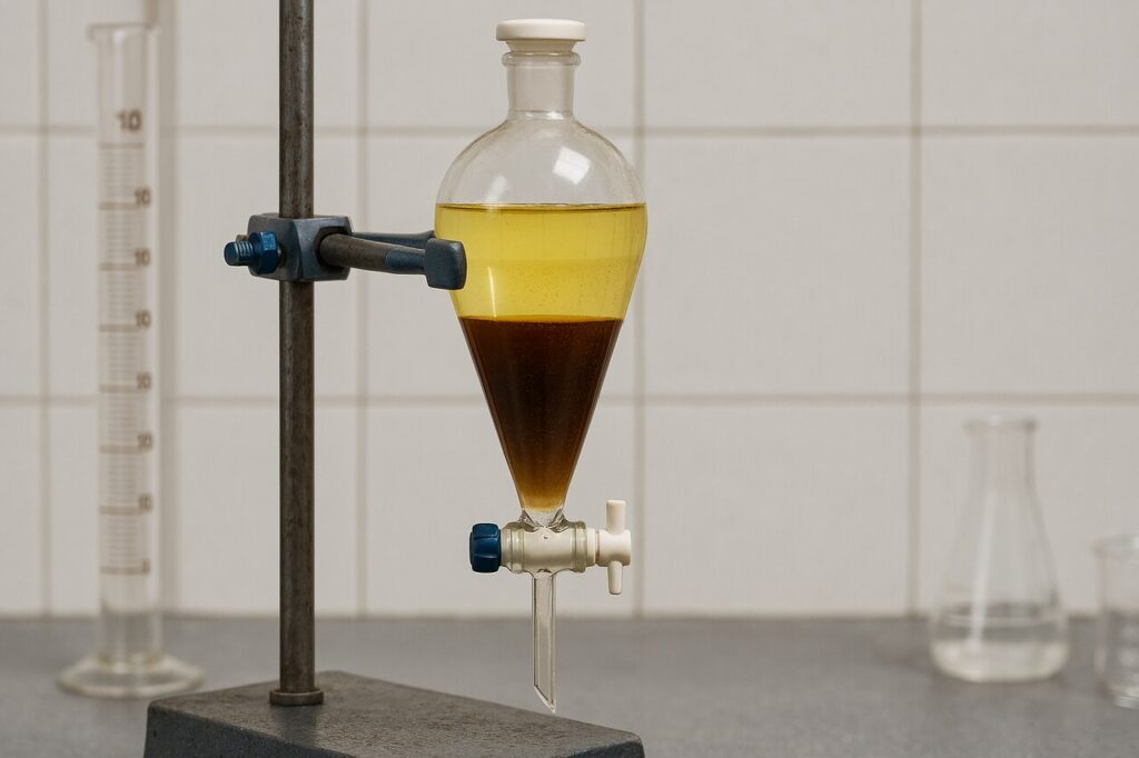 Funil de separa&ccedil;&atilde;o com l&iacute;quidos imisc&iacute;veis representa t&eacute;cnica laboratorial usada na purifica&ccedil;&atilde;o dos produtos especiais do biodiesel, como glicerina e &aacute;cidos graxos, evidenciando separa&ccedil;&atilde;o por densidade e solubilidade.