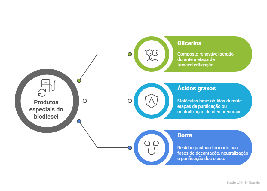 Infogr&aacute;fico ilustrando tr&ecirc;s produtos especiais do biodiesel: glicerina, &aacute;cidos graxos e borra. Mostra suas origens no processo de produ&ccedil;&atilde;o, destacando caracter&iacute;sticas e etapas como transesterifica&ccedil;&atilde;o, purifica&ccedil;&atilde;o e decanta&ccedil;&atilde;o.