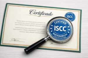 Certificado ISCC destacado por lupa sobre documento oficial, simbolizando pr&aacute;ticas sustent&aacute;veis verificadas. Emblema azul refor&ccedil;a autenticidade e compromisso ambiental com certifica&ccedil;&atilde;o reconhecida internacionalmente.