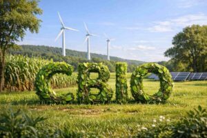 Paisagem verde com letras &ldquo;CBIO&rdquo; feitas de plantas, acompanhada por turbinas e&oacute;licas e pain&eacute;is solares, simbolizando cr&eacute;ditos de descarboniza&ccedil;&atilde;o.