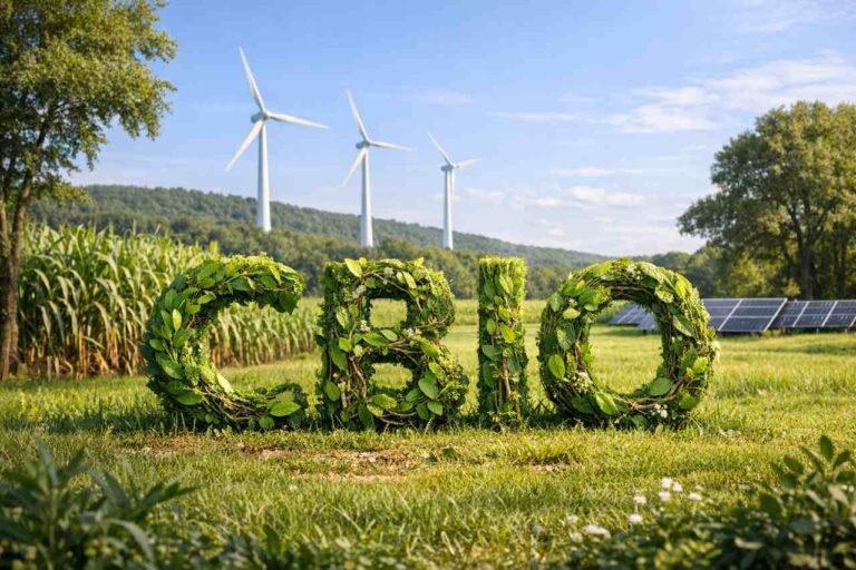 Paisagem verde com letras &ldquo;CBIO&rdquo; feitas de plantas, acompanhada por turbinas e&oacute;licas e pain&eacute;is solares, simbolizando cr&eacute;ditos de descarboniza&ccedil;&atilde;o.